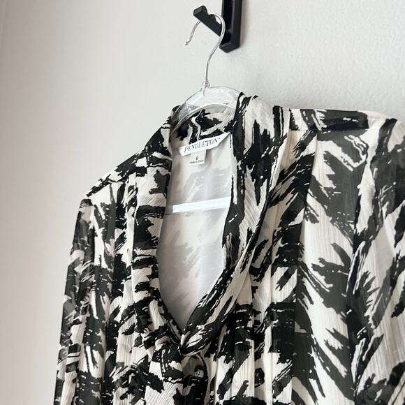 Pendleton Silk Secretary Black & White Blouse Houndstooth Tie Neck Office Sz 6 - Picture 4 of 16